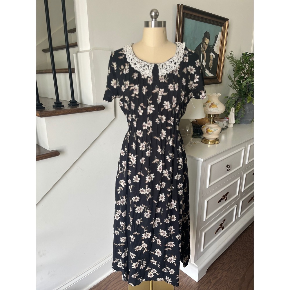 Fashion Bug 90s Cottagecore Prairie Dress Floral Lace Collar‎ Vintage Midi Sz 8P